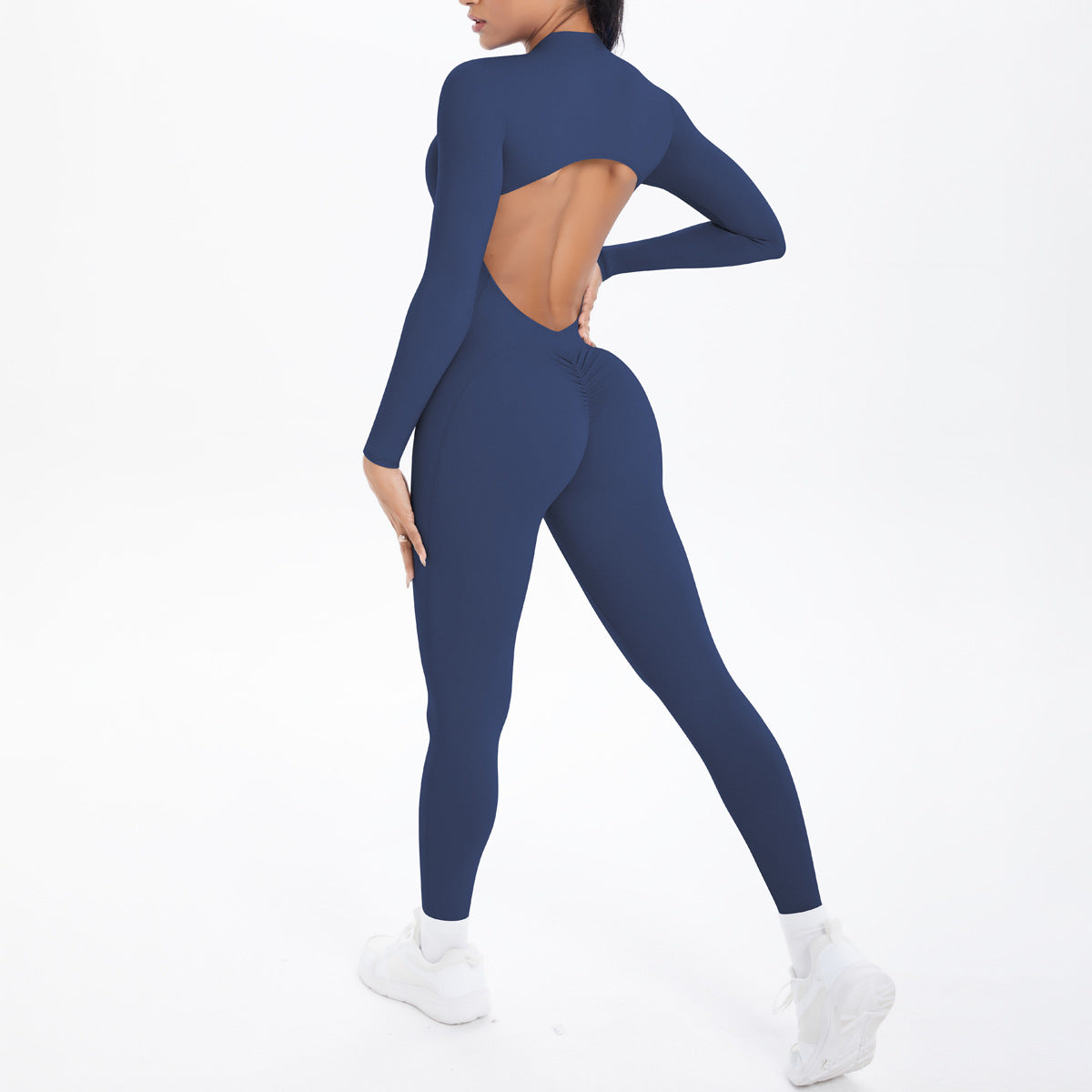 Style Half-Zip Yoga Jumpsuit, Bare-Skin Feel Slim Fit High Elastic Fitness Long Sleeve Long Pants Yoga Wear eprolo