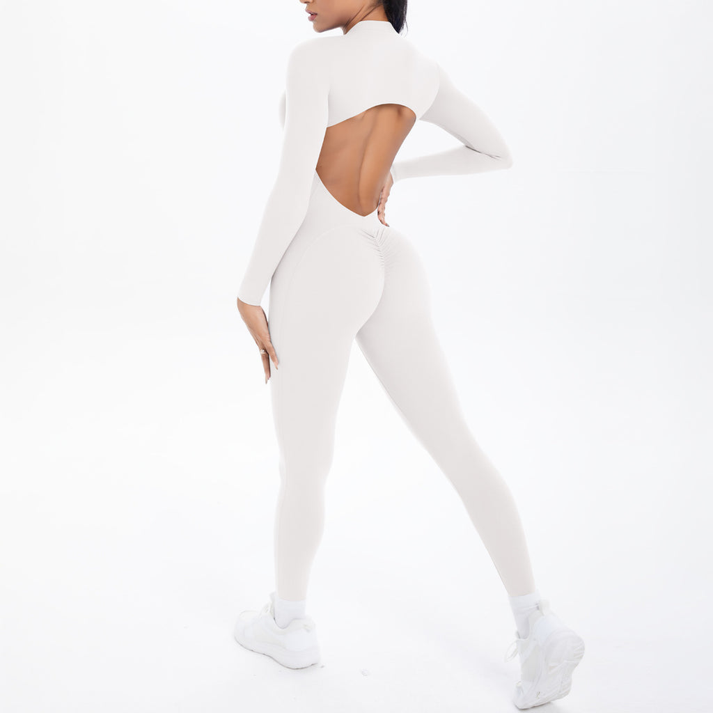 Style Half-Zip Yoga Jumpsuit, Bare-Skin Feel Slim Fit High Elastic Fitness Long Sleeve Long Pants Yoga Wear eprolo