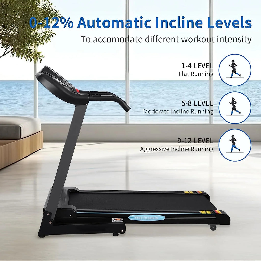 12Level Treadmill Auto Incline 2.5HP Folding Treadmill for Home with LCD Monitor 220Lbs 8.5 Mph Speed Range