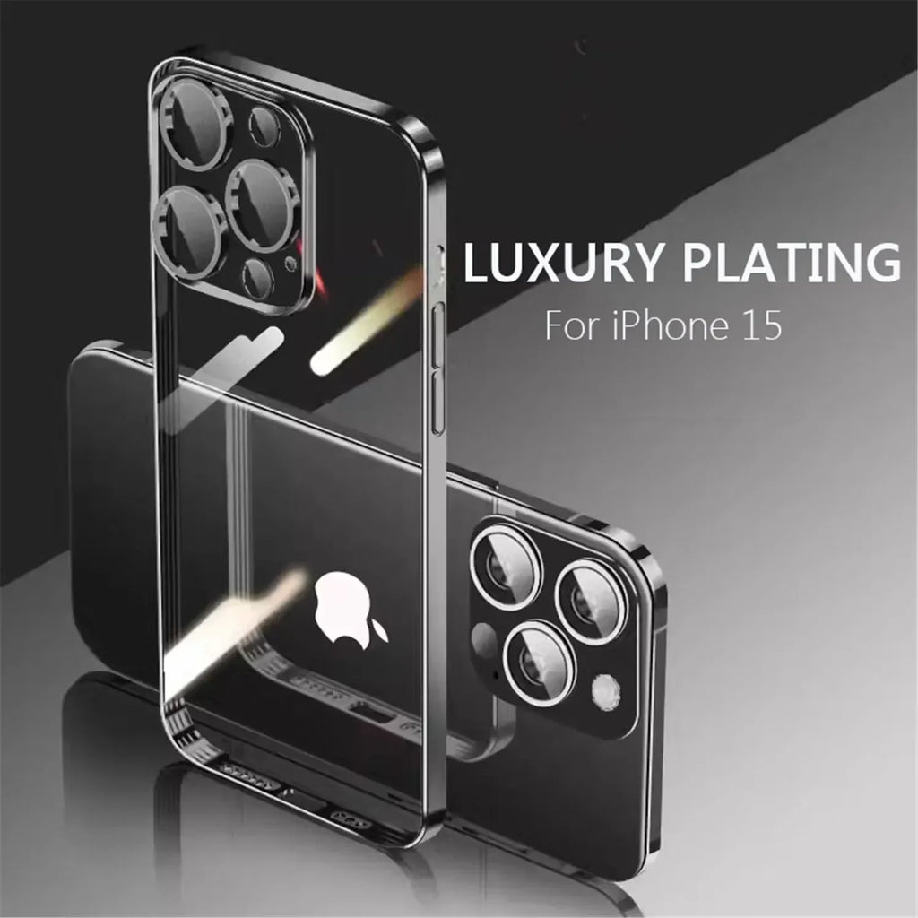 Electroplating TPU transparent phone case for iPhone 16, Apple 15 with lens film, 14 Pro anti drop protective cover, 13 eprolo