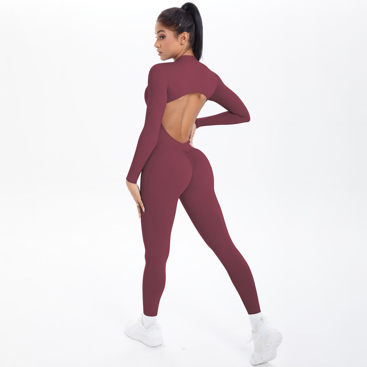 Style Half-Zip Yoga Jumpsuit, Bare-Skin Feel Slim Fit High Elastic Fitness Long Sleeve Long Pants Yoga Wear eprolo