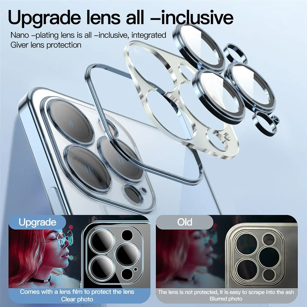 Electroplating TPU transparent phone case for iPhone 16, Apple 15 with lens film, 14 Pro anti drop protective cover, 13 eprolo