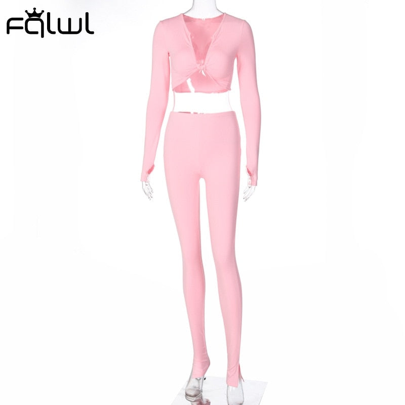 Casual Summer 2 Two Piece Set Women Pink Outfit Long Sleeve Crop Top Leggings Women Joggers Matching Sets Ladies Tracksuit eprolo