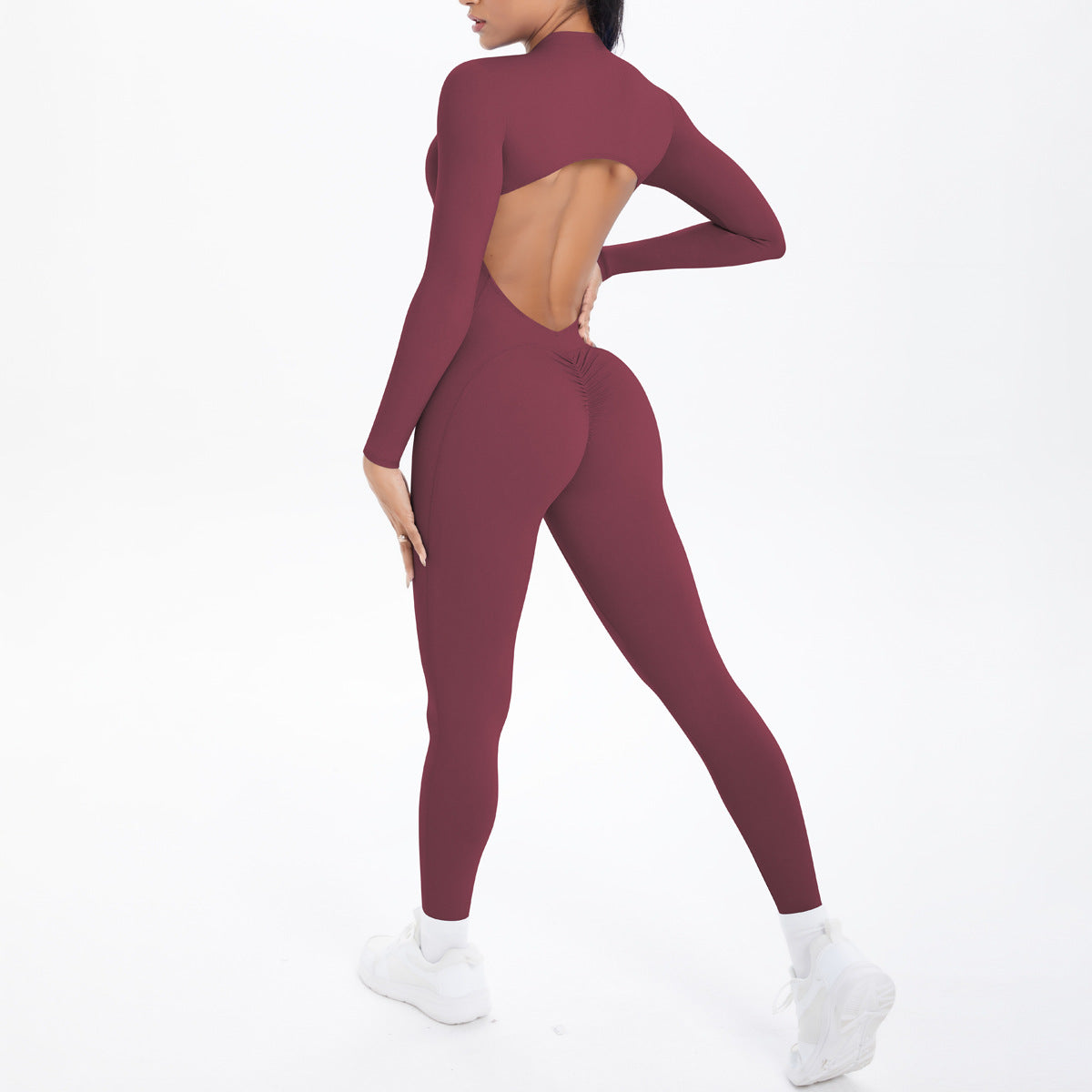 Style Half-Zip Yoga Jumpsuit, Bare-Skin Feel Slim Fit High Elastic Fitness Long Sleeve Long Pants Yoga Wear eprolo