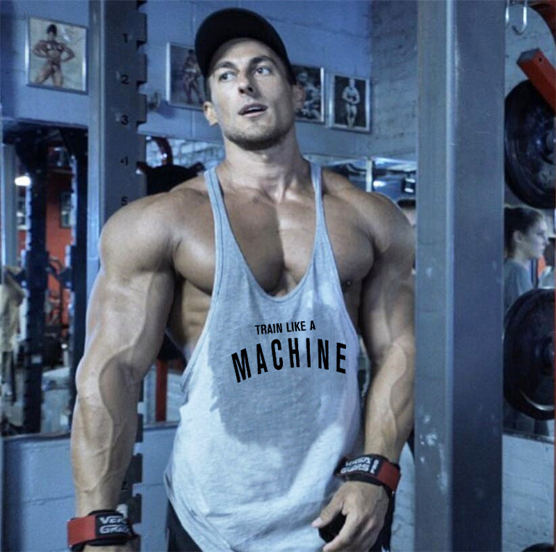 Bodybuilding and fitness vest printed with fine straps deep digging weightlifting pure cotton vest training suit eprolo