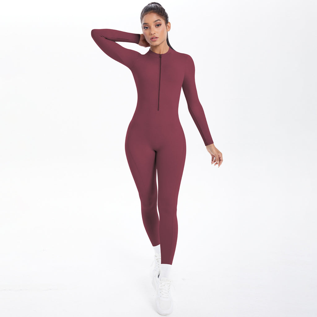Style Half-Zip Yoga Jumpsuit, Bare-Skin Feel Slim Fit High Elastic Fitness Long Sleeve Long Pants Yoga Wear eprolo