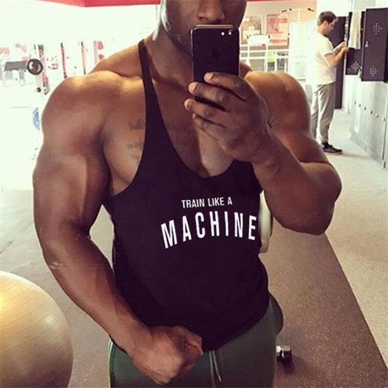 Bodybuilding and fitness vest printed with fine straps deep digging weightlifting pure cotton vest training suit eprolo