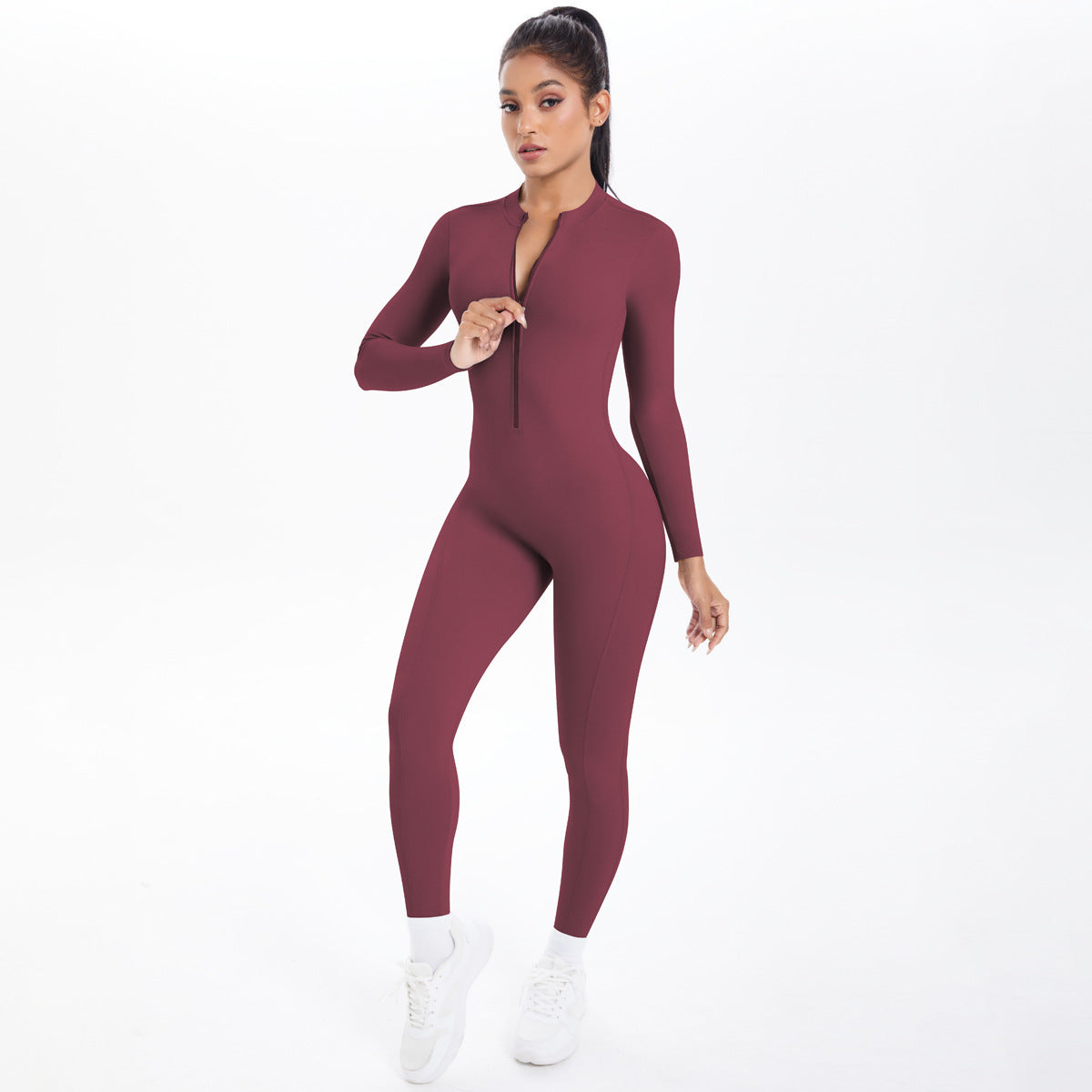 Style Half-Zip Yoga Jumpsuit, Bare-Skin Feel Slim Fit High Elastic Fitness Long Sleeve Long Pants Yoga Wear eprolo