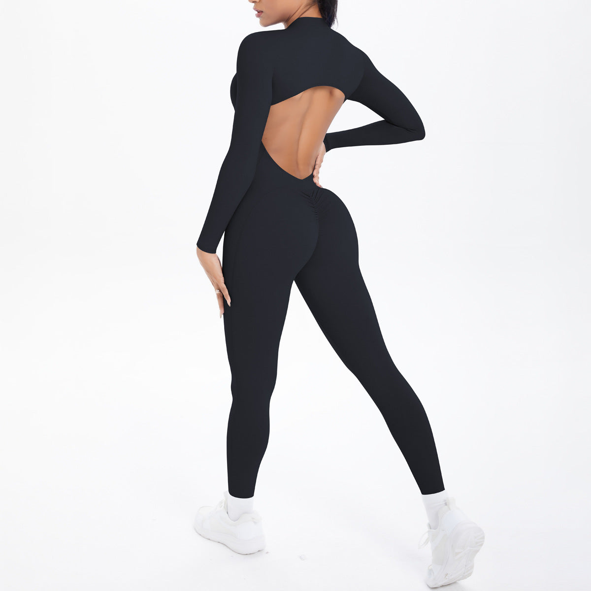 Style Half-Zip Yoga Jumpsuit, Bare-Skin Feel Slim Fit High Elastic Fitness Long Sleeve Long Pants Yoga Wear eprolo