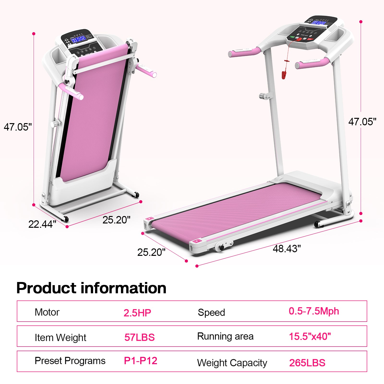 Foldable Treadmill 2.5HP Electric Folding Treadmill Running Walking Machine for Home Gym, Max 265 LBS Weight Capacity eprolo