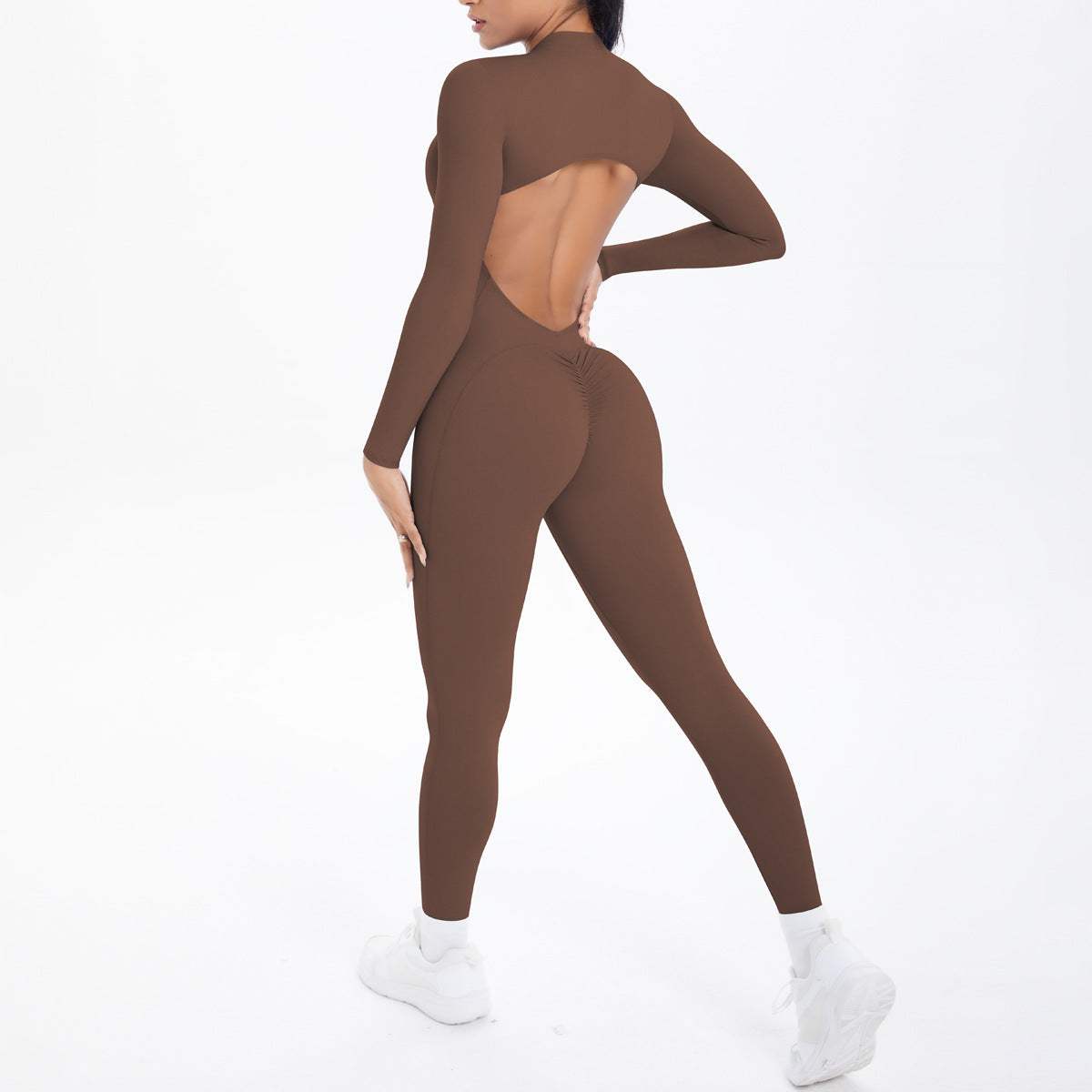 Style Half-Zip Yoga Jumpsuit, Bare-Skin Feel Slim Fit High Elastic Fitness Long Sleeve Long Pants Yoga Wear eprolo
