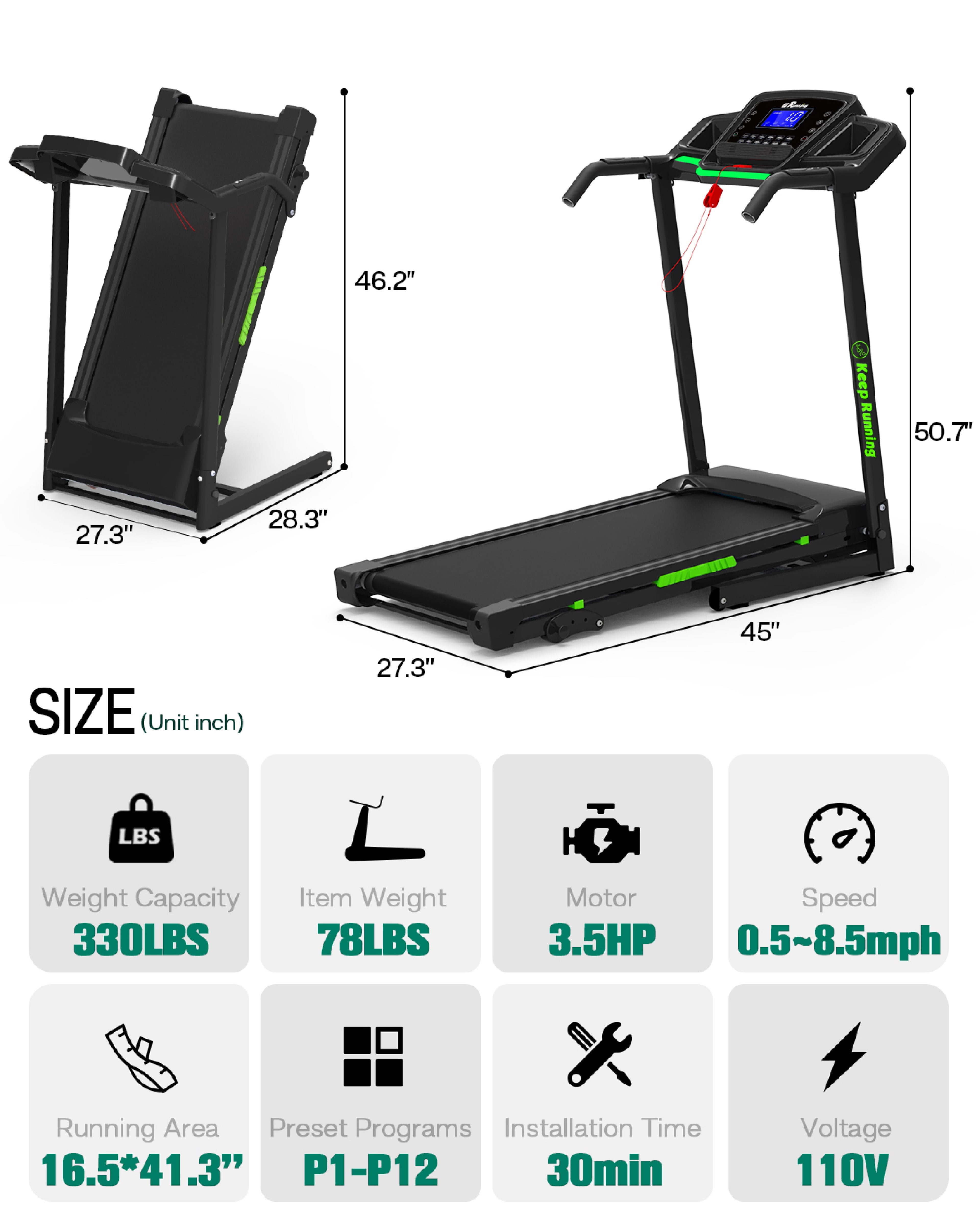 Folding Treadmill with Incline, 3.5HP Home Gym Fitness Workout Jogging Walking 330 LBS Capacity